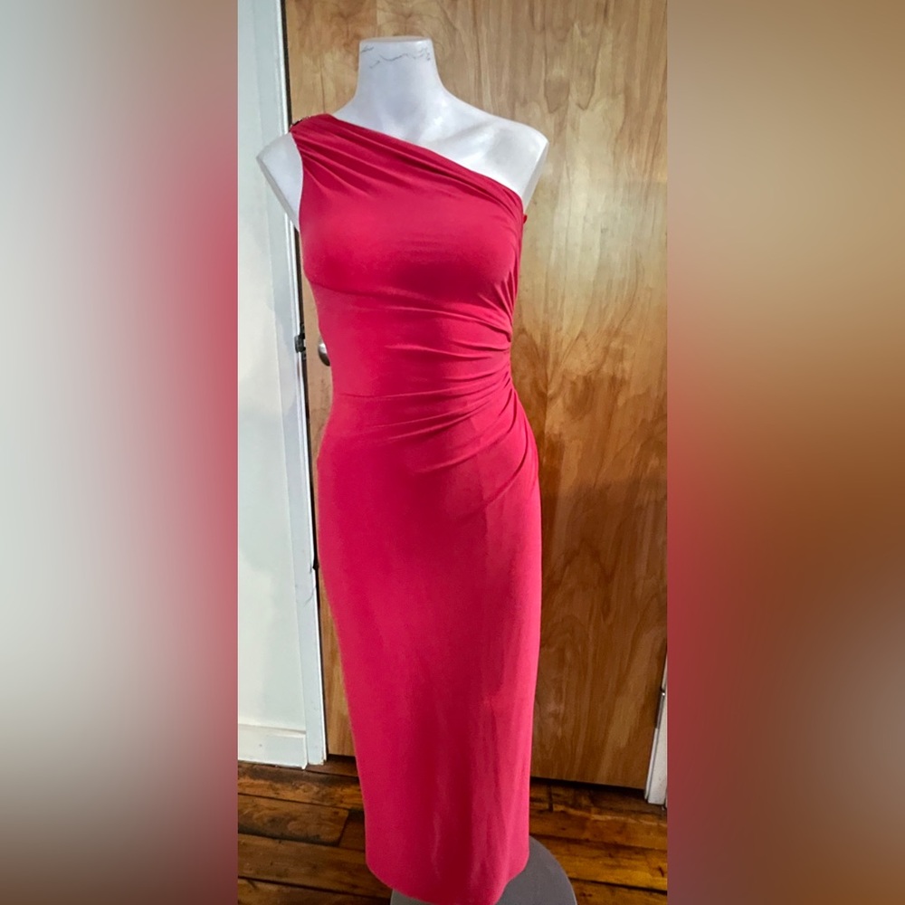 Sexy Lauren Ralph Lauren Evening red/pink one shoulder rhinestones gown size 2